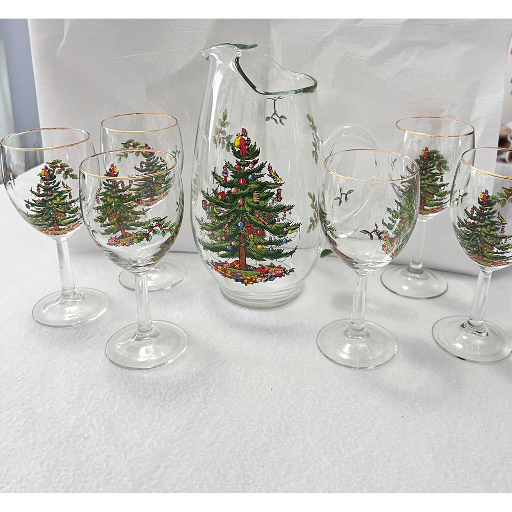 Vintage Spode Christmas Tree Set Tall Pitcher 6 Wine Glasses Clear Holiday Santa